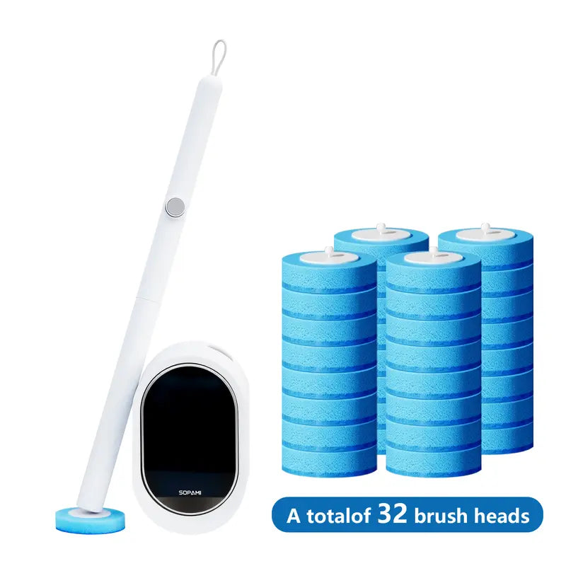 SOPAMI Disposable Toilet Brush Kit - 32/16 Refill Heads & Holder, Rotating No-Touch Deep Cleaner for Under-Rim & Corner, Bathroom Cleaning Tool for Home, RV