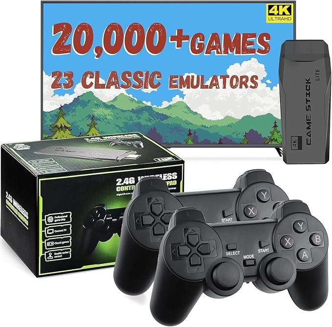 New Retro Gaming Console & Game Stick Pro - 20,000+ Classic Video Games, 23 Emulators, Dual Wireless Controllers, 4K HDMI Output, Plug & Play, Compatible with TV, PC, Projector, 64GB
