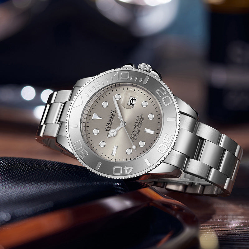 Men’s Gray Yacht-Inspired Quartz Watch – Luminous Stainless Steel Timepiece