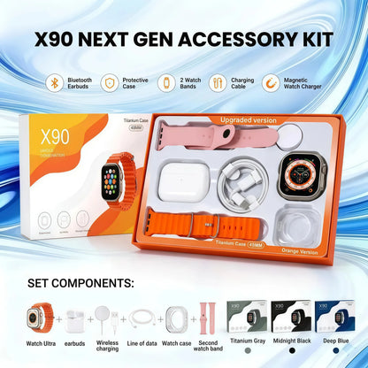 X90 Wearable Device Kit with Bluetooth Earbuds, Magnetic Charger, Type-C Cable & Protective Case