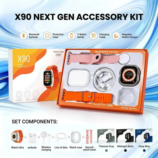 X90 Wearable Device Kit with Bluetooth Earbuds, Magnetic Charger, Type-C Cable & Protective Case