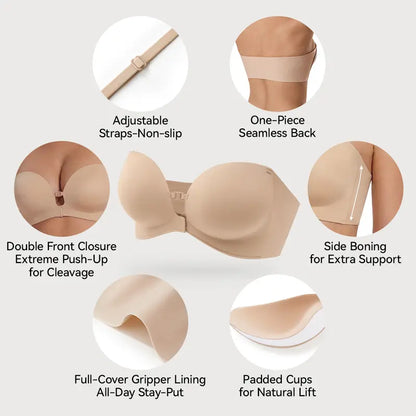 LUCKMEEY Womens Strapless Front Closure Bra Push Up Lift Bra Padded Add Cup Non Slip  Anti-Slip Grip & Removable Straps Fit Outfits Wireless Supportive  Seamless Comfortable