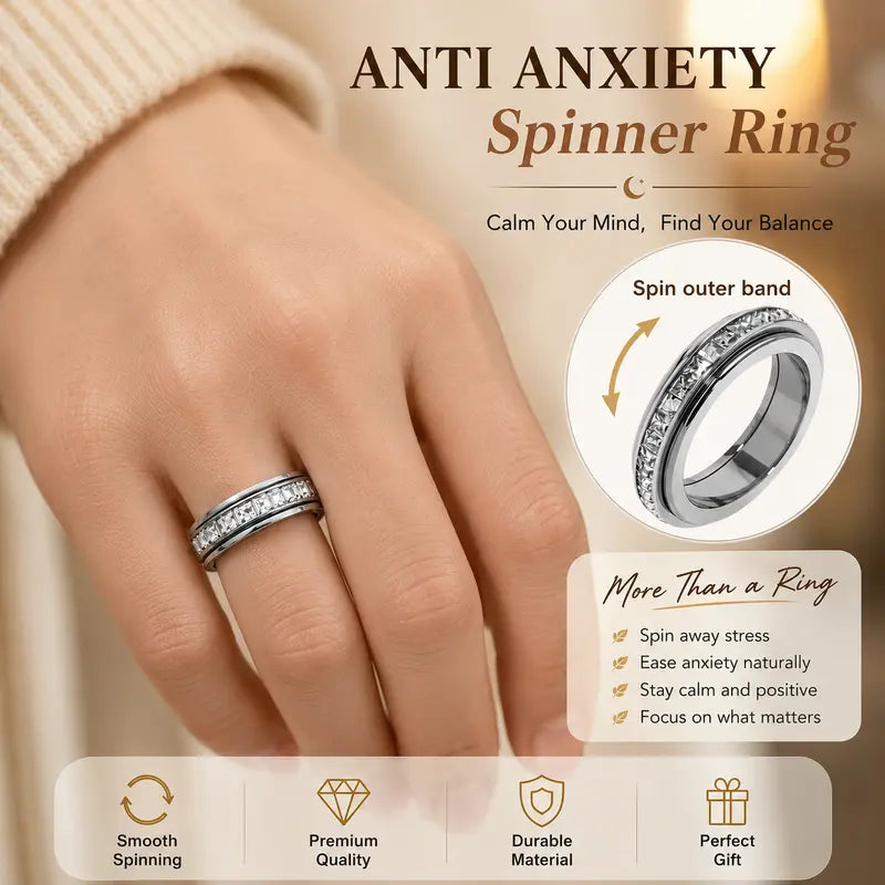 Anxiety Rings for Women and Men Titanium Steel Spinner Fidget Band Rings with Cubic Zirconia for Stress Relief and Wedding Promise Comfort Fit Size 5 to 12