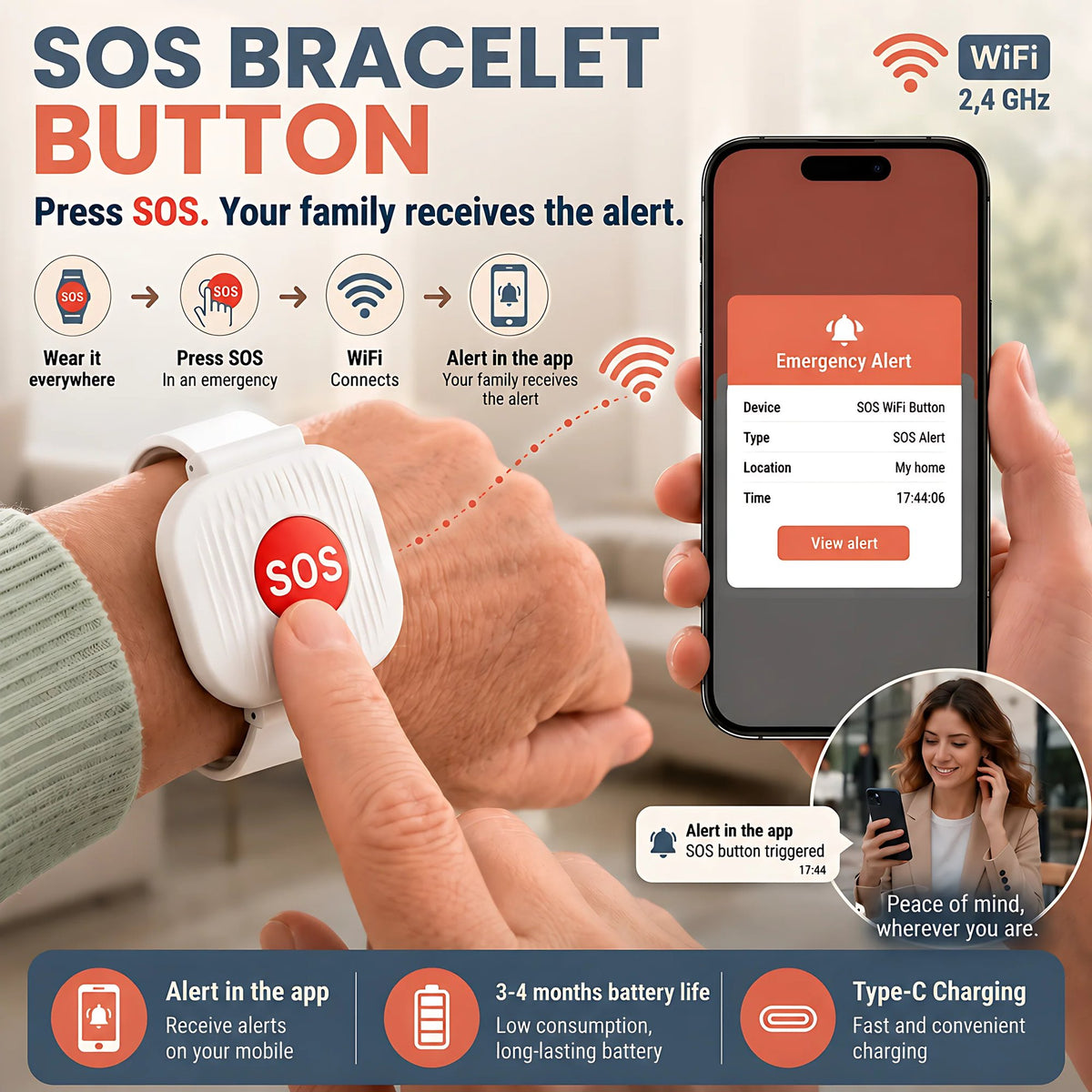 ⏰Limited Stock 49% OFF❤️Emergency SOS Button Bracelet for Seniors⌚